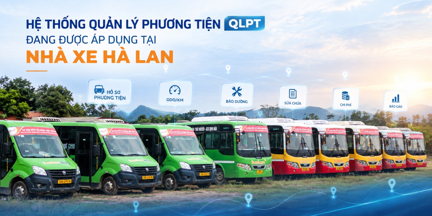 Đội xe buýt và xe đưa đón của Nhà xe Hà Lan, kèm các nhóm chức năng của PMQLPT: hồ sơ phương tiện, ODO/KM, bảo dưỡng, sửa chữa, chi phí và báo cáo